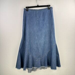 Vtg A-Line Skirt 32 Denim Ruffle Fringe‎ Hem Midi Western Modest Boho Cowgirl